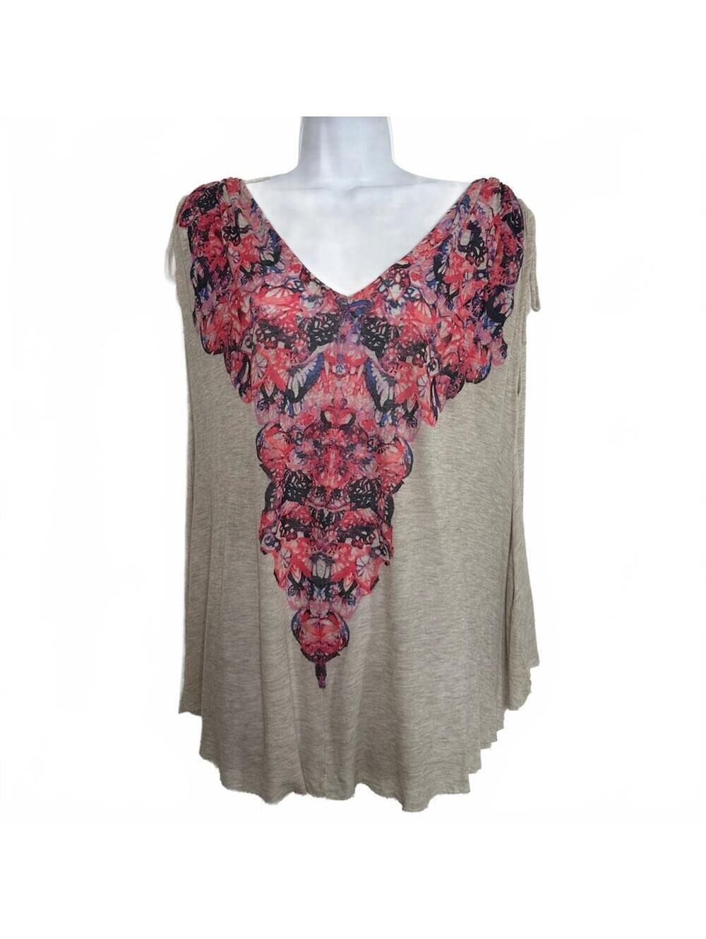 Free People Moon Dance Women's Tunic Tee Small Oatmeal Heather with Pink